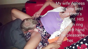 Sexy wife has fun with her hubby's friend on the couch