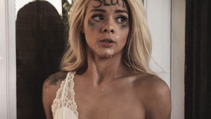 Married couple punished a young blonde in the living room