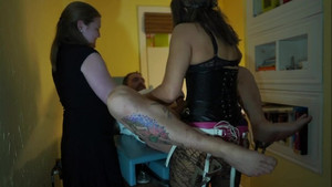 Fucking piece of fagot is lying on gynecologist couch with spread legs and being fucked in the ass