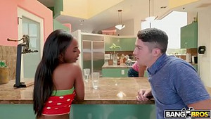 Pretty ebony with pierced nipples serves a young guy