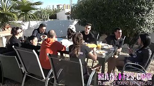 Hot outdoor orgy and masturbation with stunning whore