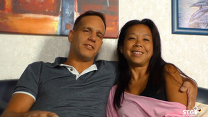 Hot asian MILF chokes on a big hard cock before riding it deep and drinking cum