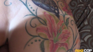 Inked blonde MILF slobbers on a hard cock before having her ass pounded balls deep