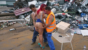 Sexy redhead MILF with tattoos seduces two guys and sucks and fucks both of them