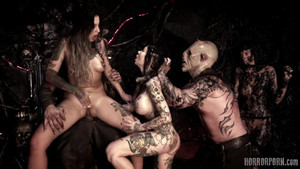 Wildly hot brunette chicks with tattooed bodies are pleasuring ffm threesome fuck