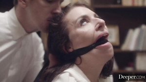 Sensual hottie dominated in the library and anal railed after sucking cock